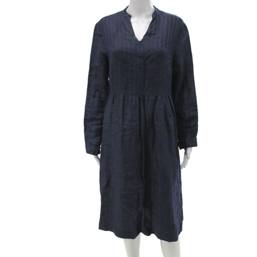 Massimo Alba Women Shift Dress Blue Striped Linen V-Neck Long Sleeve Size XL